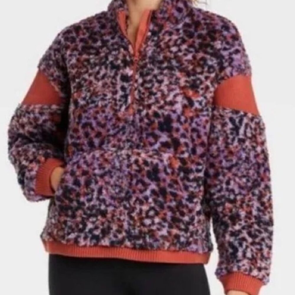 JoyLab *Purple & Coral* Animal Print | Half Zip Sherpa | XS | Pullover Fleece - Picture 1 of 9